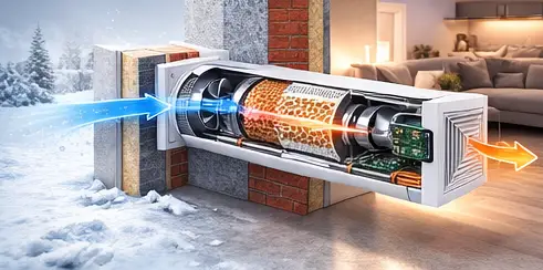 ARS Nordic regenerative ventilation unit showing heat recovery between cold outdoor winter air and warm indoor environment